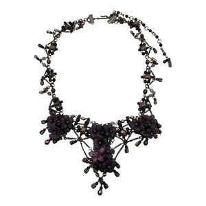 Vtg Colleen Toland Purple & Black Floral Foliage Bead Statement Necklace 18 1/2”